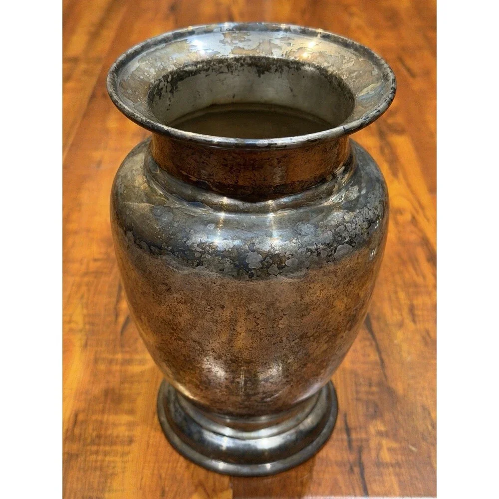 Set of (2) Restoration Hardware Silver Tone Patina Wear Metal 8.25” & 5.5” Vase